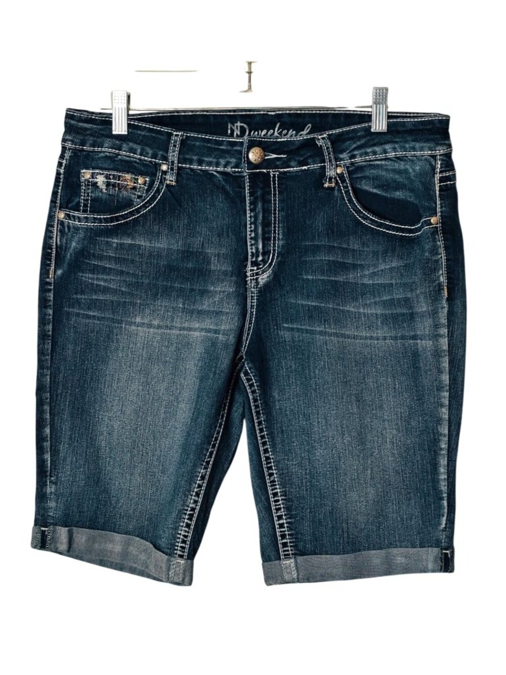 ND Weekend Womens 14 Bermuda Shorts Denim Embroidered Stretch Rolled Hem Grunge